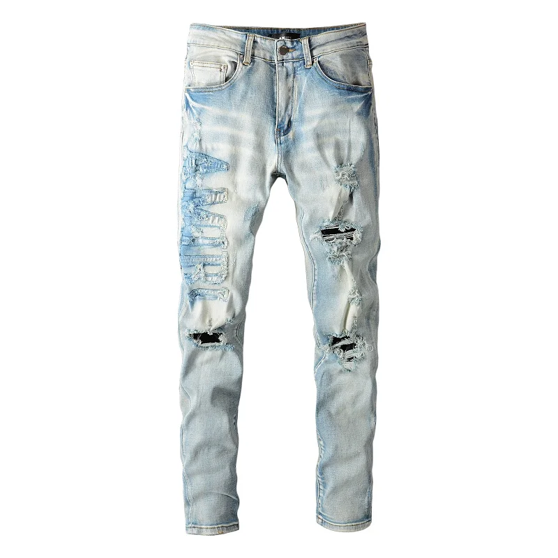 

Men's High Quality Blue Slim Distressed Streetwear Embroidered Letters Pattern Damage Skinny Stretch Ripped Jeans Pants for Men