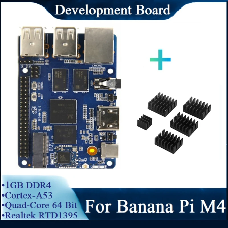 For Banana Pi BPI-M4 Development Board With Heatsinks DDR4 RAM Realtek RTD1395 ARM Cortex-A53 Quad-Core 64 Bit