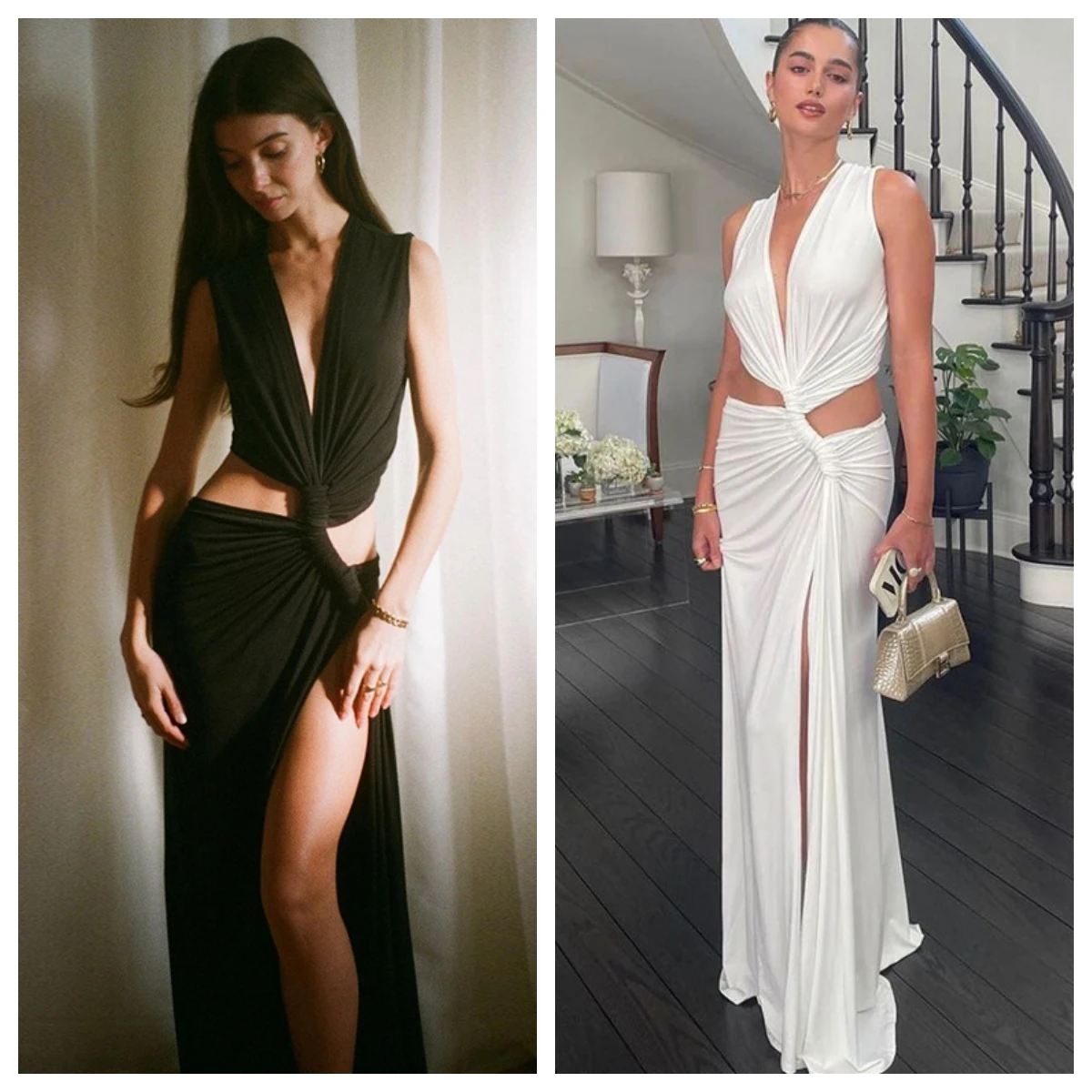 

Sexy Deep V Neck Pleated White Dress Women Fashion Hollow Out Split Robe 2023 Summer Chic Casual Female Party Dresses Streetwear