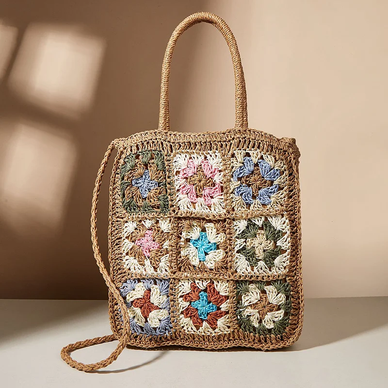 

Новинка 2023, Модная креативная сумка, женская сумка, Плетеная соломенная сумка с разноцветными цветами, сумка на плечо, шахматная Праздничная сумка