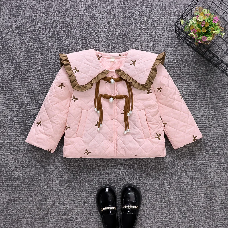 Милое Хлопковое Зимнее Пальто Для Девочек С Большим Воротником Кружевным Бантом