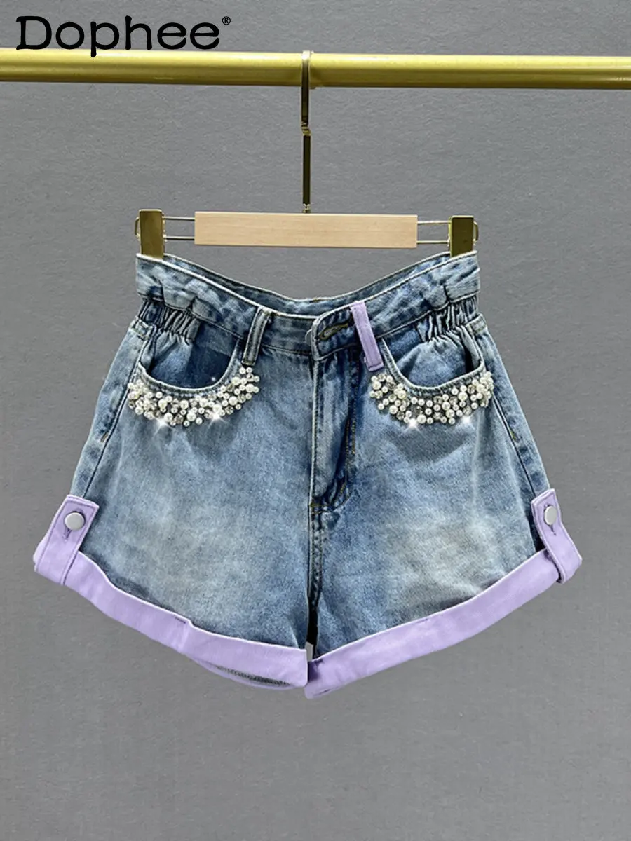 

Chic Beaded Denim Shorts for Women 2023 New Summer High Waist Loose Slimming Diamond Color Block Flanging Wide-Leg Jeans Shorts