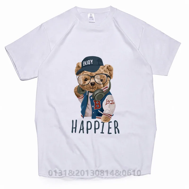 

Happier Bear Printed Tshirt Female O-Neck Casual T Shirt Cartoon Bear Women's T-shirt Summer Short Sleeved Unisex Top Tees Woman