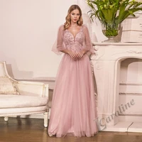 caroline luxury tulle pink evening dress v neck three quarter sleeves glitter sequin backless prom gowns party custom made