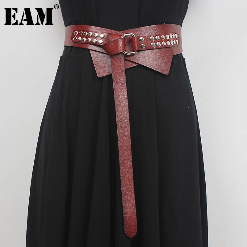 

[EAM] Pu Leather Brown Irregular Long Wide Belt Personality Women New Fashion Tide All-match Spring Autumn 2022 1DE4087