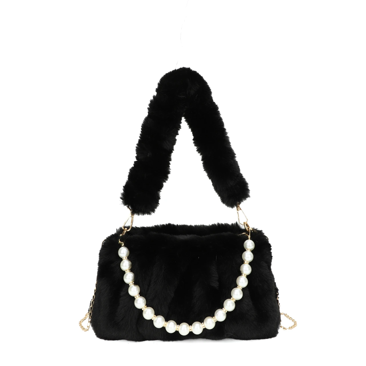 Pearl Chains Plush Tote Bags For Women 2022 Winter Soft Fluffy Bag Solid Furry Luxury Designer Handbag Pleated Fur Shoulder Bags