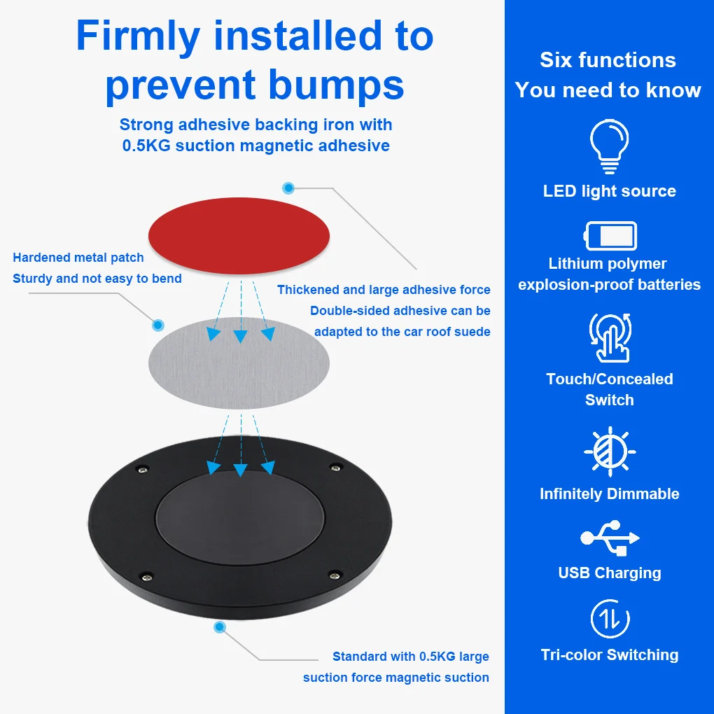 

Car Interior Ceiling Light Touch Control Lamp Universal Bright Portable Lighting with Adhesive Tape Blue White