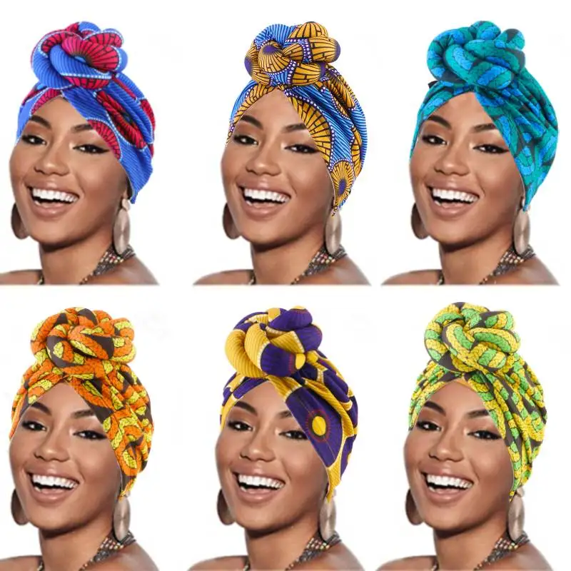 African Print Turban for Women 2022 New Fashion Pre-Made Top Knot Head Wraps Flower Stretch Hijab Ladies Party Wedding Headdress