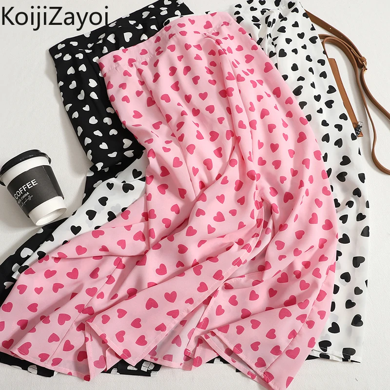

Koijizayoi Love Heart Sweet Women Summer Maxi Skirt Elastic High Waist Fashion Lady Chic Chiffon Skirts Split A Line Bottom 2022