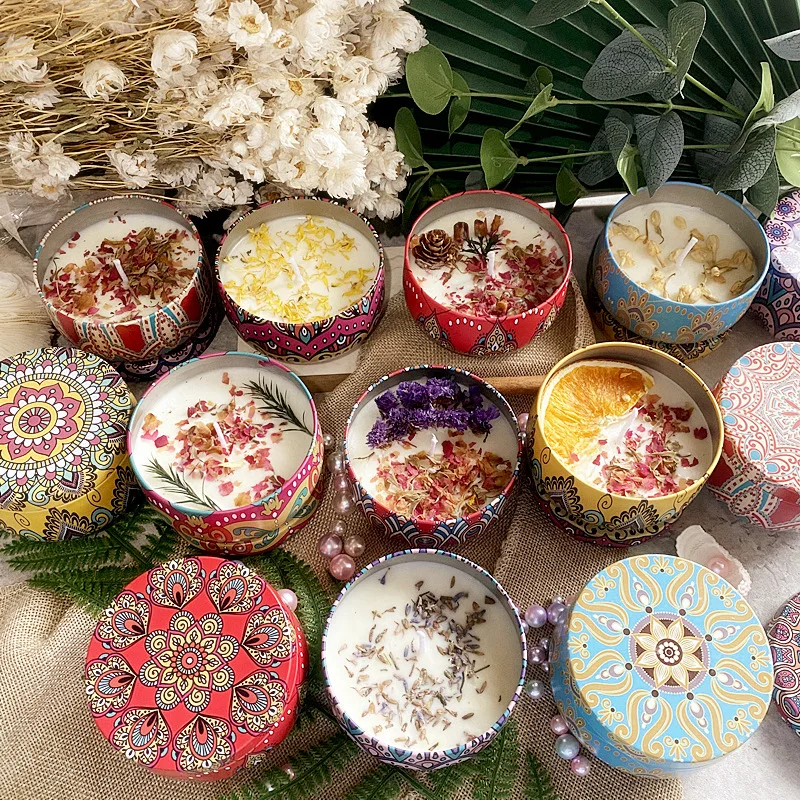 

1Pc Scented Candles With Flowers Tin Can Fragrance Handmade Scented Candle Natural Soy Wax Home Decoration