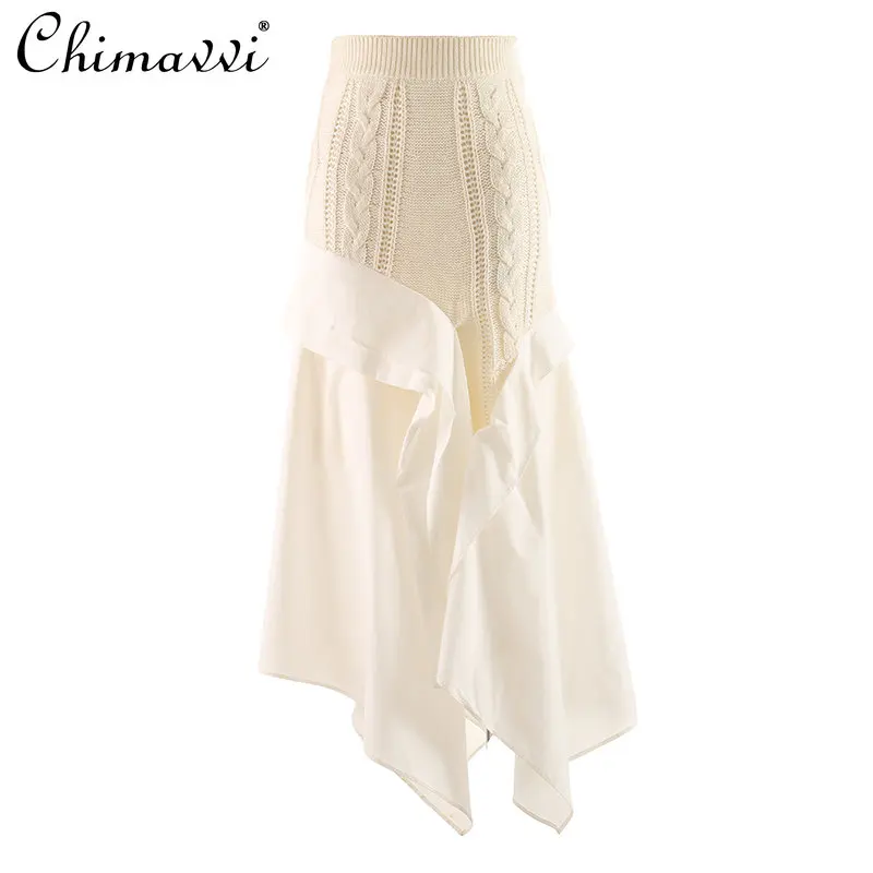 

2023 Early Spring New French Fashion High Sense Irregular Patchwork Knitting Skirt Women Elegant Simple Casual Mid-calf Skirt