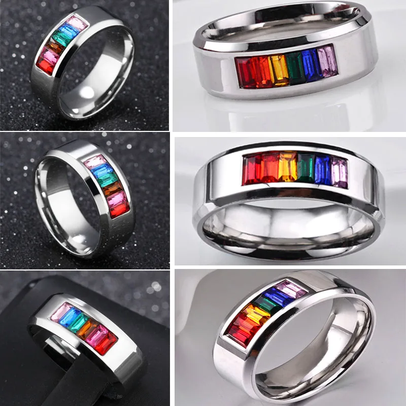 

Milangirl Fashion Women's Ring Silver Plated Color Inlaid Colorful Rainbow Color Crystal Female Ring for Party Jewelry