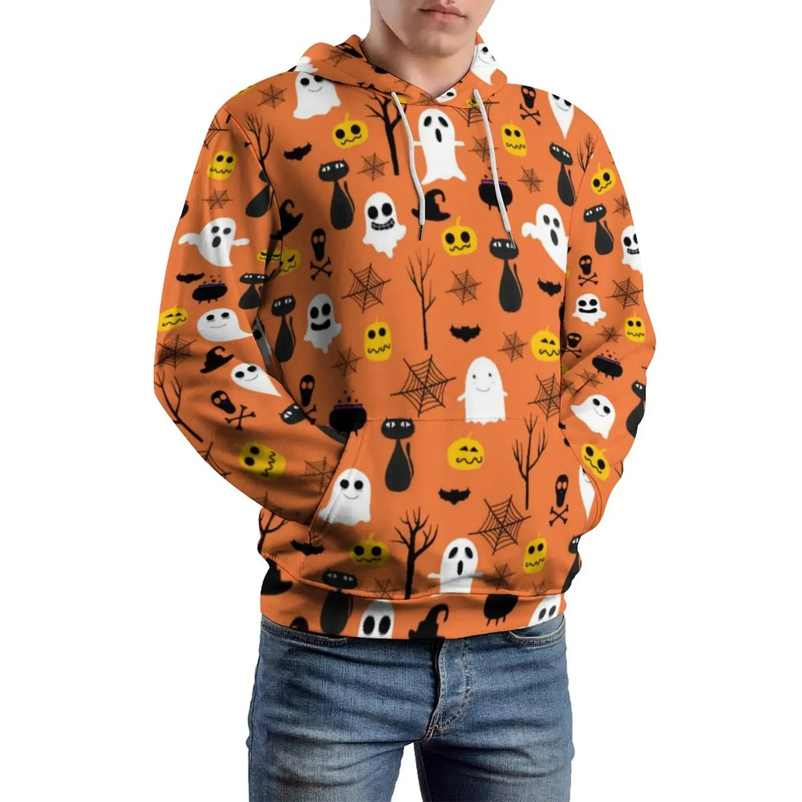 

Spooky Хэллоуин Свободные толстовки с капюшоном призраки и тыквы с принтом Эстетическая Толстовка для мужчин с длинным рукавом оверсайз уличн...