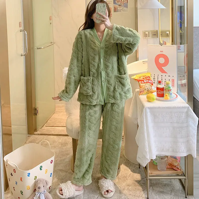 Pajamas Can Be Worn Externally, Casual Long Sleeve Suit, Winter Velvet Round Neck Loose Housewear, Women's Thickened Pajamas