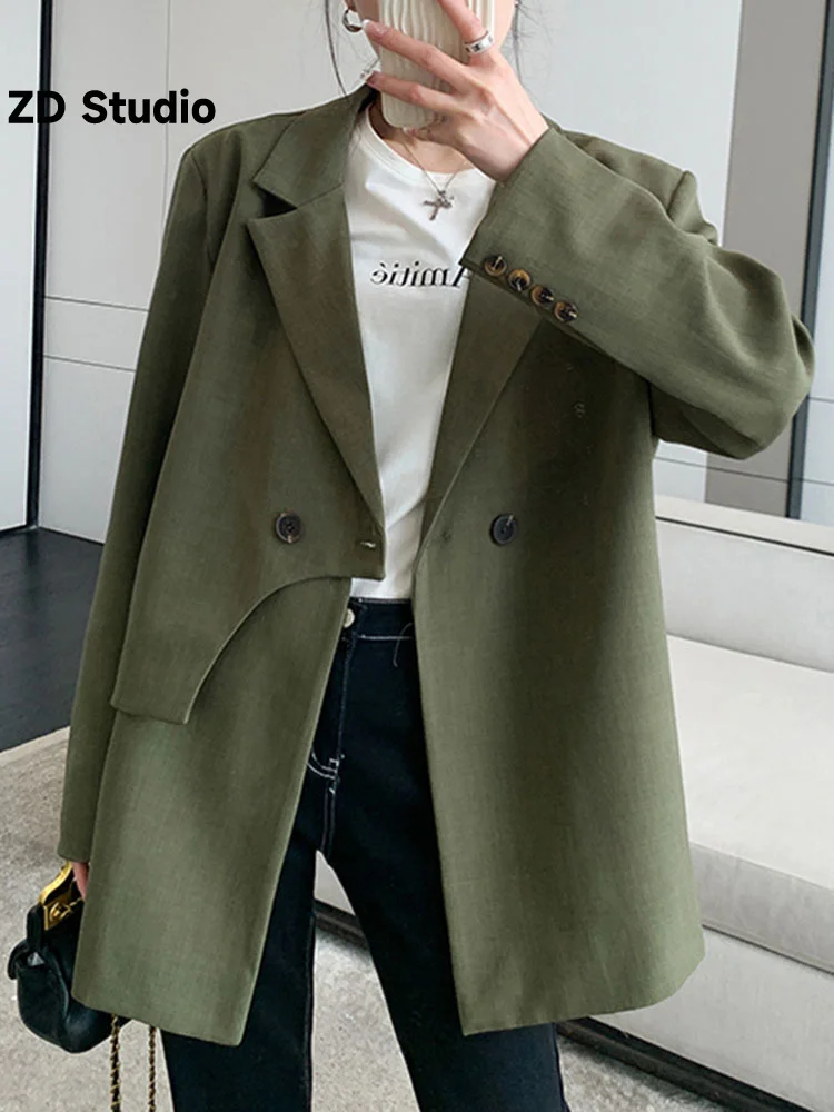 

[ZD Studio] Office Lady Blazers Notched Collar Patchwork Double Breasted Irregular Coat Women 2023 Autumn New