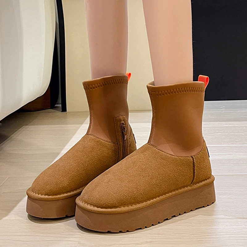 

Brand Flats Suede Snow Boots Women 2024 Winter New Women Platform Shoes Casual Zipper Ankle Boots Walking Mujer Punk Snow Botas