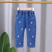 fashion cute embroidery strawberry long blue trousers kids clothes costume spring autumn toddler baby girl jeans pants wholesale