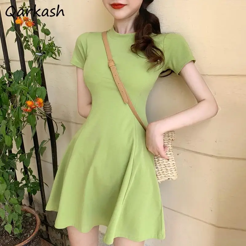 

Short Sleeve Dresses Women Mini Solid Folds Empire Sweet Lovely Elegant Basic Females Summer Fashion Korean Chic Платье Женское