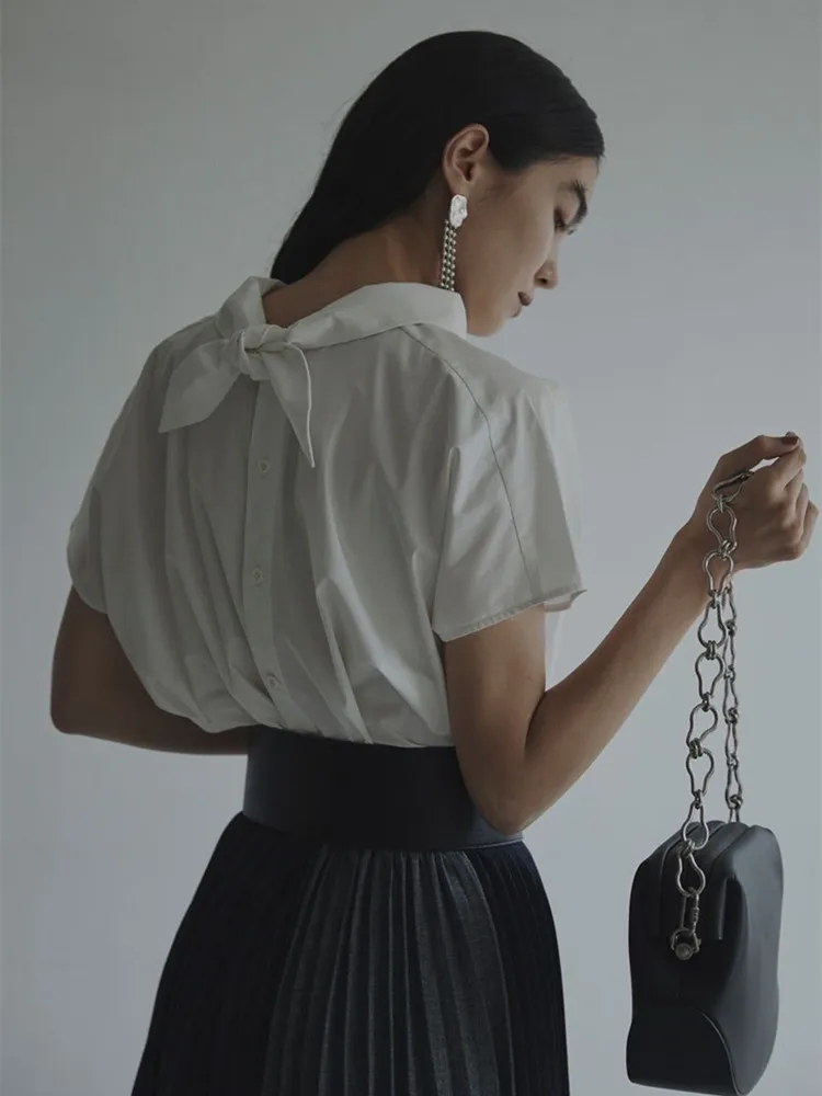 

Women Bow Blouses Single Breasted Batwing Sleeve fashion Ladies Simple Shirt 2022 Summer new