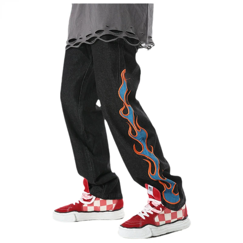 Four Seasons Jeans Men Flame Embroidery Men European and American High Street Tide Brand Hip-Hop Casual Jeans for Men and Women