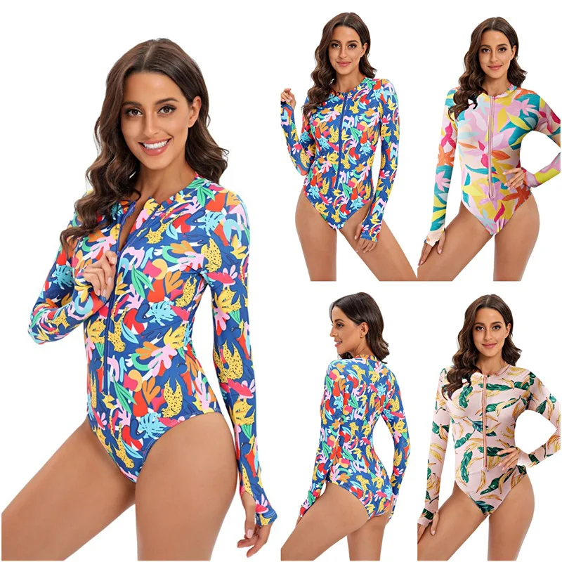 

2022 Bikini New Arrival Florial Print Long Sleeves UV Protection Surfing Swimsuit Patchwork Zipper Female Summer Bathing Suit