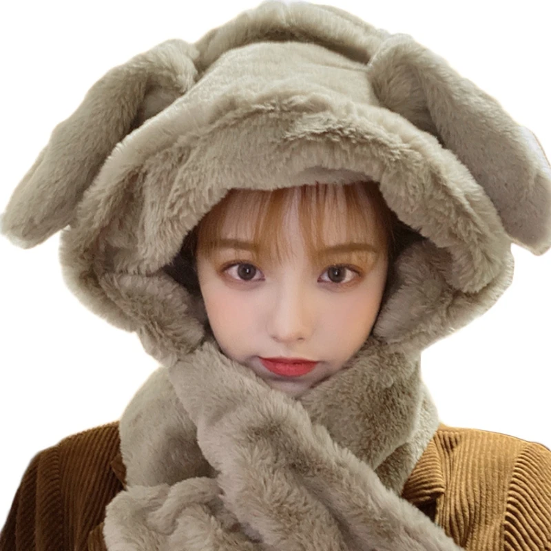 

Rabbit with Move Bunny Ears Female Cute Plush Beanie Hat Earflap Warm Scarf