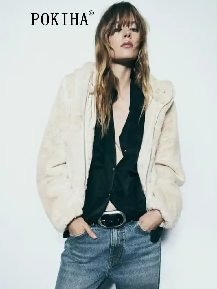 

Pokiha Fashion Women New Thick Warm Faux Fur Hooded Jacket Coat Vintage Long Sleeve Front Zipper Female Outerwear Chic Tops