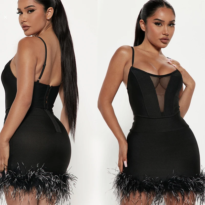

Новинка, летнее женское сексуальное мини-платье без рукавов с открытой спиной и черными перьями, бандажный комплект, модная Праздничная Женская одежда, Женский комплект