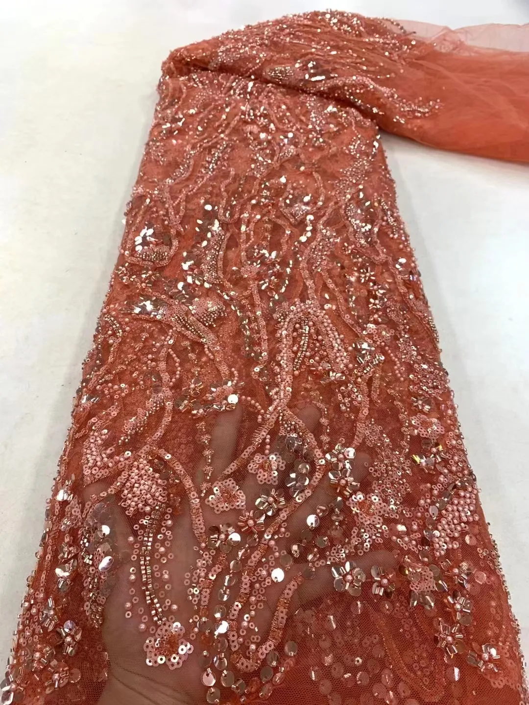 

Luxurious Nigerian Handmade Beaded Lace Fabric 2023 High Quality Sequins beaded Embroidery African French Lace Fabric For Dress