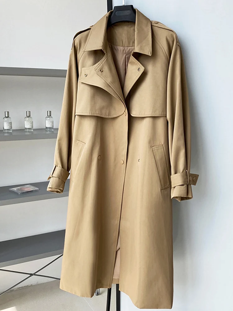 Ailegogo New Spring Autumn Women Loose Double Breasted Long Trench Coat with Belt Casual Female Thin Windbreaker Fashion Outwear