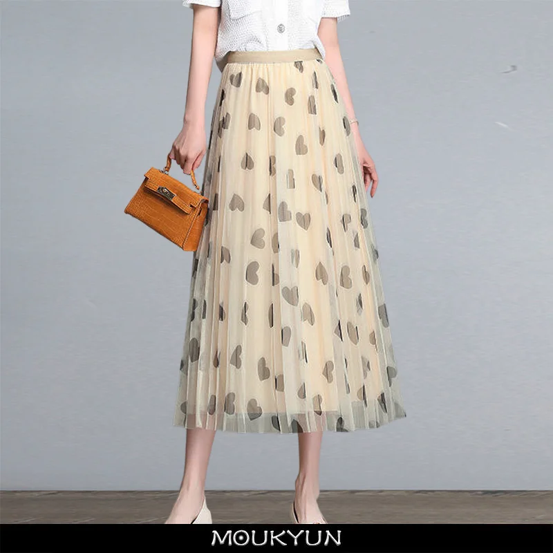 

Юбка MOUKYUN женская с принтом сердечек, Тюлевая винтажная длинная юбка-трапеция из сетчатой ткани, юбка с завышенной талией в стиле ретро, на весну
