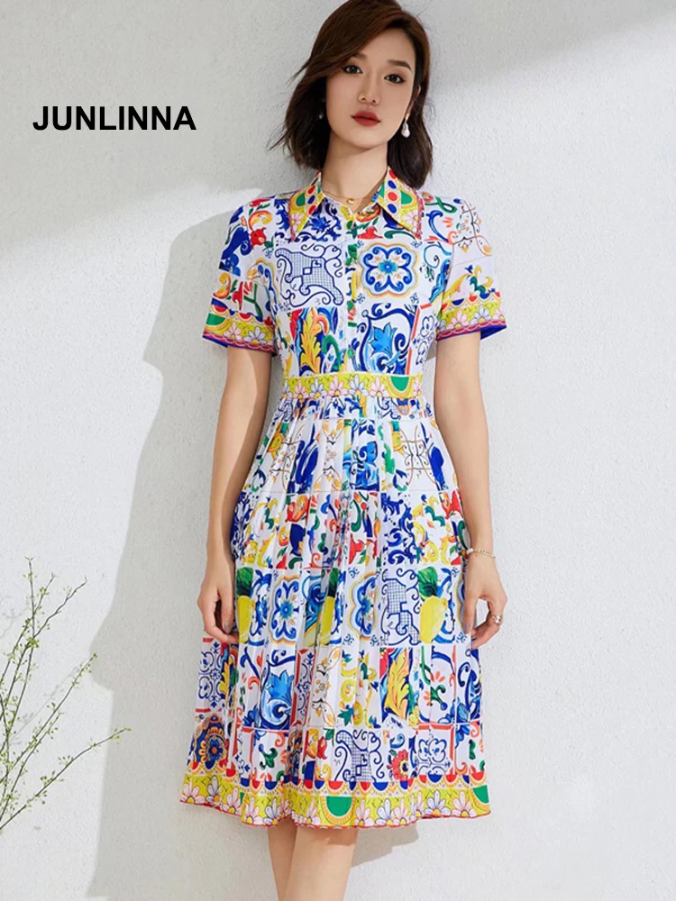 JUNLINNA Fashion Runway Women Dresses Porcelain Blue Printed Midi Vestidos Lapel Neck Short Sleeve Summer New Sliming