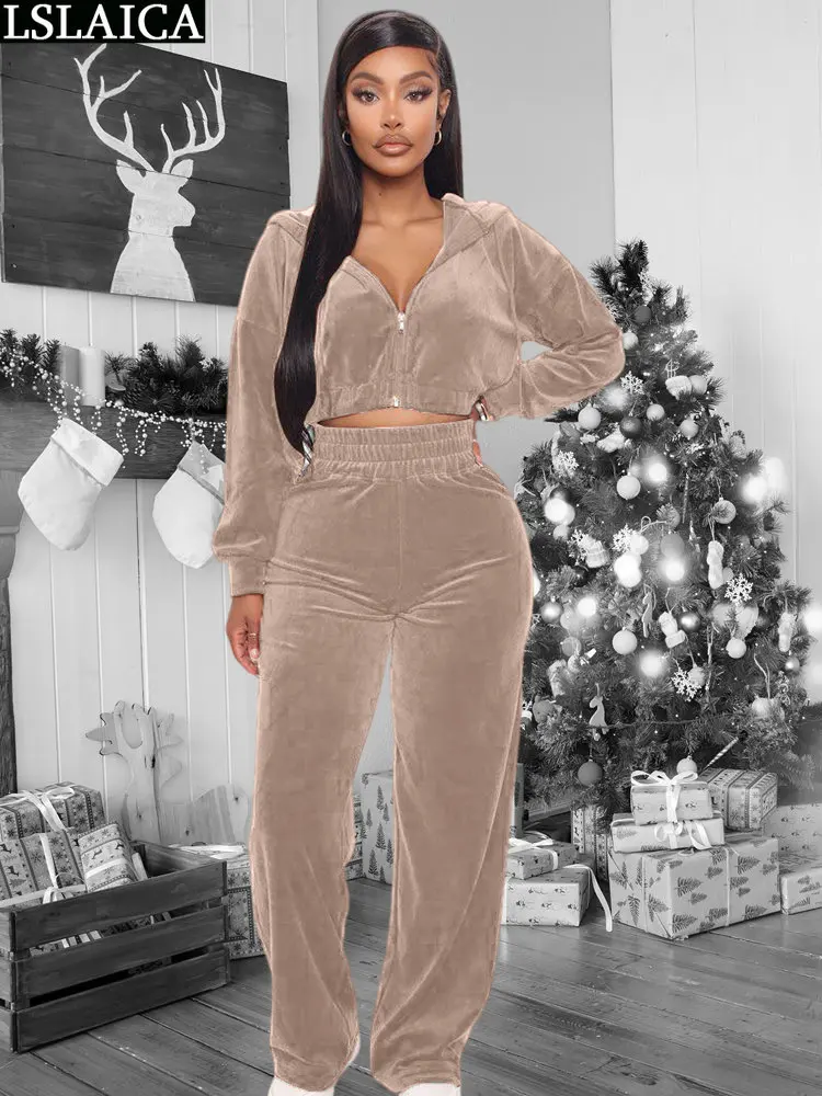 

Женский спортивный костюм, комплект из двух предметов, бархатный тренировочный костюм с длинными рукавами и капюшоном, осенне-зимняя Роско...