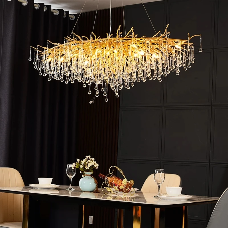 Designer Luxury Branches Ceiling Chandelier for Hotel Hall Restaurant Villa Lustre LED Crystal Water Drop Pendant Lamp Decor