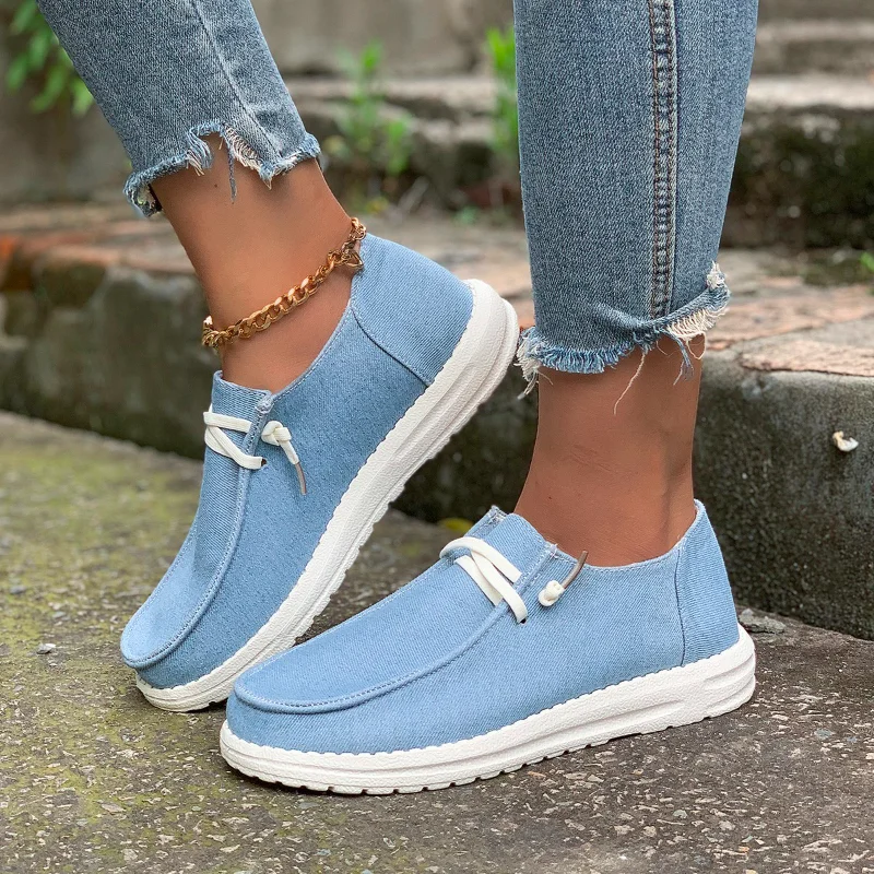 

2023 Autumn New Women's Sneakers Fashion Canvas Lace-up Round Toe Vulcanized Shoes Comfortable Non-slip Outdoor Flat Shoes Mujer