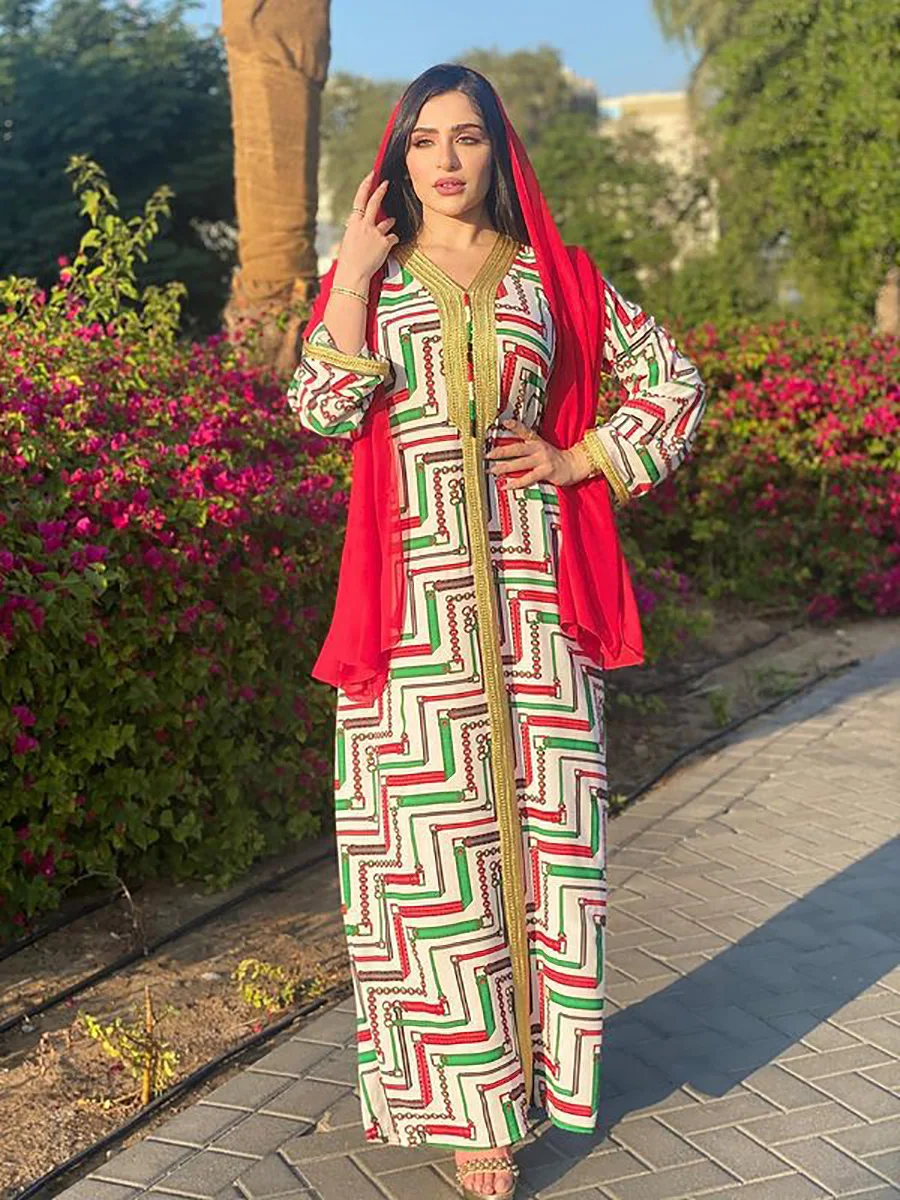 

2022 Muslim Women Fashion Middle East Chain Print Abaya Dubai Eid Islamic Dubai Abaya Turkey Caftan Dress Ramadan Cardigan Hijab