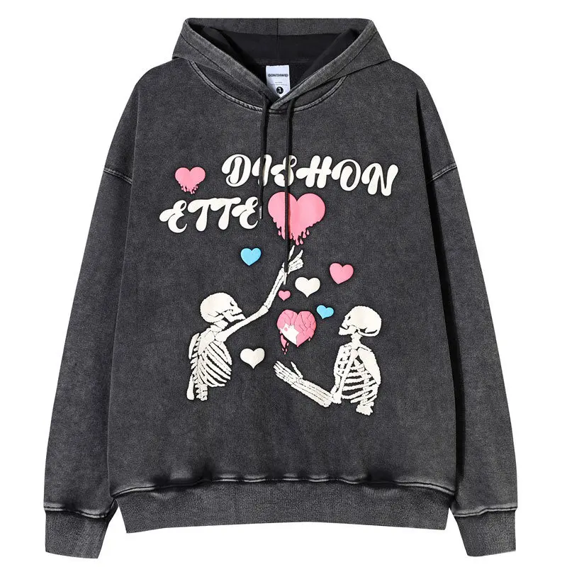 

Vintage Hoodie Sweastshirt Streetwear Mens Hip Hop Skull Skeleton Print Washed Hooded Harajuku Fashion Punk Gothic Pullover Tops