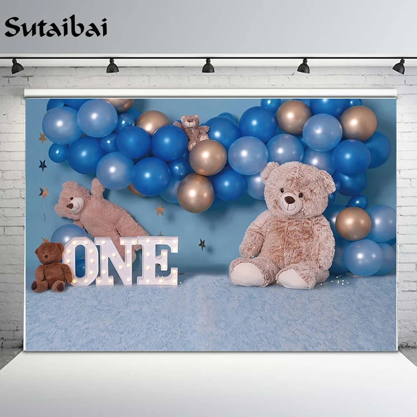 Newborn 1st Birthday Photography Background Blue Balloon Toy Bear Boy Portrait Decor Golden Star Backdrop Photo Studio Props