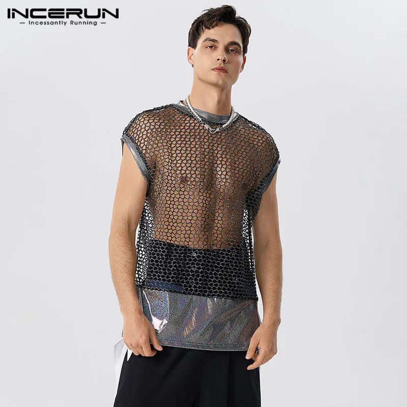 

INCERUN Men Tank Tops Mesh Patchwork Sparkling O-neck Sleeveless Vests 2023 Transparent Streetwear Fashion Sexy Men Clothing 5XL