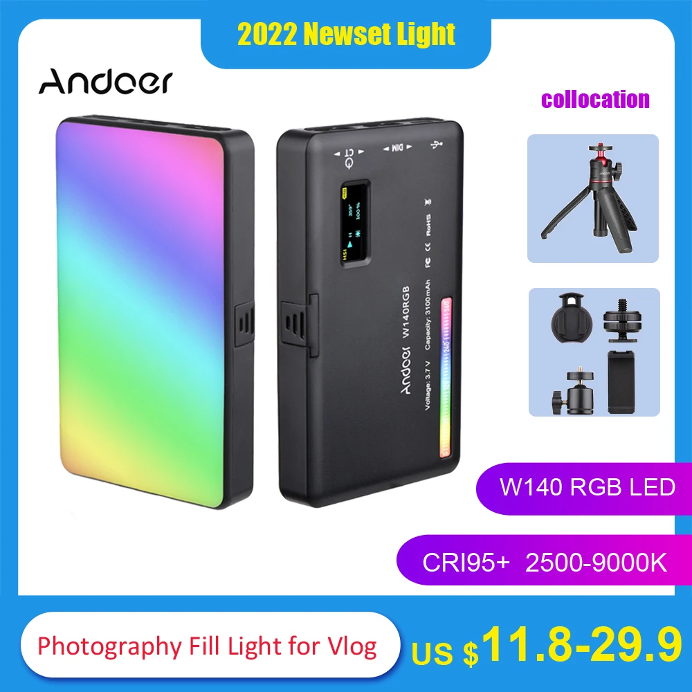 

RU Andoer W140 RGB LED Video Light Photography Fill Light CRI95+ 2500-9000K LCD Display Cold Shoe for Vlog Live Streaming Video