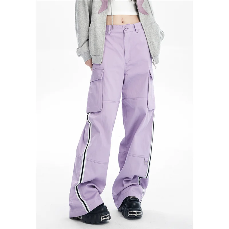 

Vintage Women Bottoms Purple Overalls Fashio High Waist American Baggy Straight Pants Oversized Autumn New Wide Leg Trouser