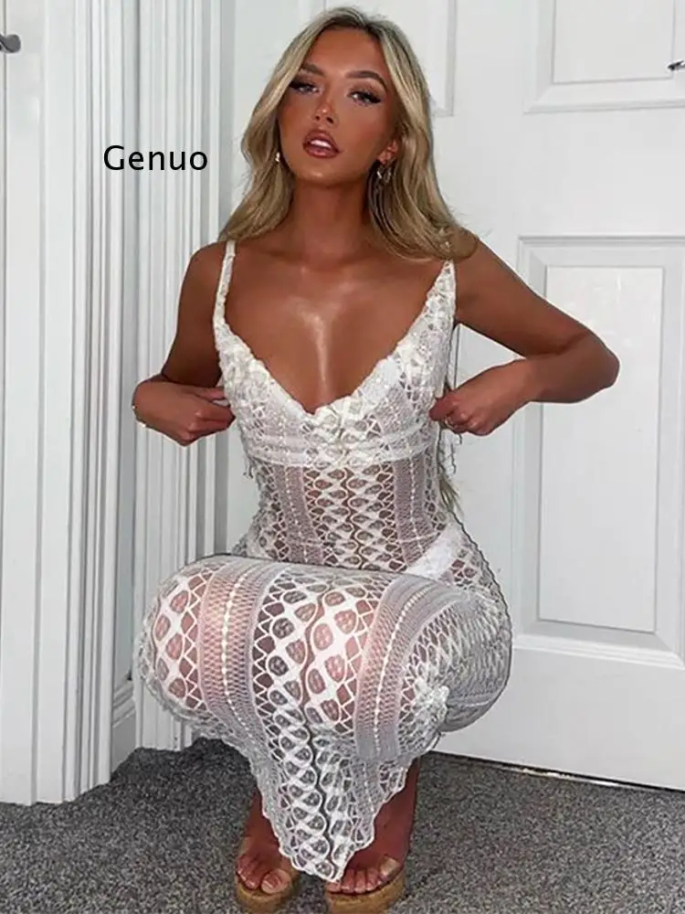 

Sexy Deep V Neck White Lace See Through Beach Maxi Dress for Women 2022 Elegant Backless Bandage Bodycon Long Dresses Clubwear
