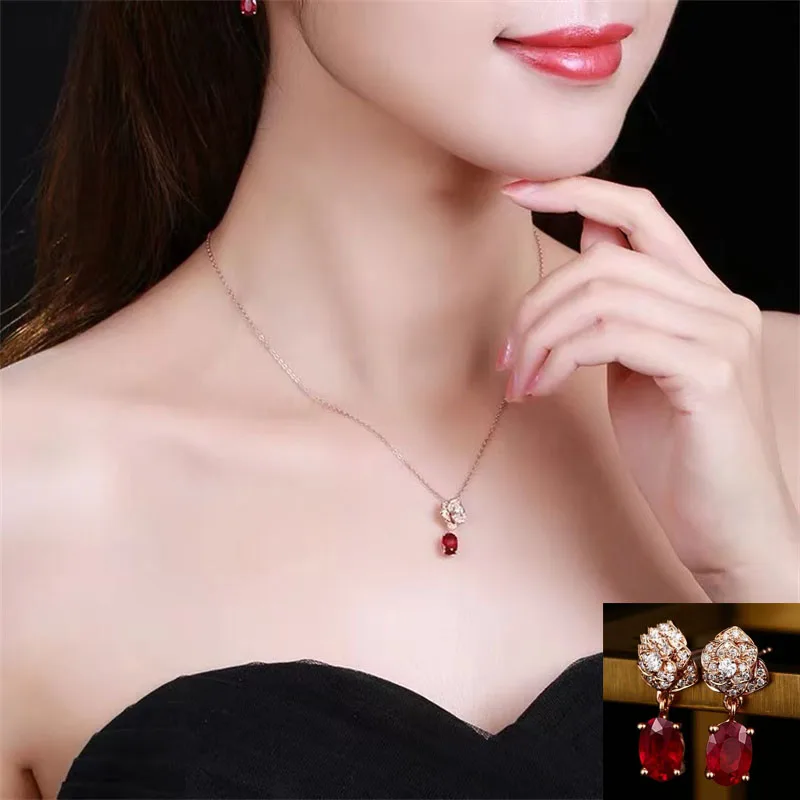 

European and American Style High-grade Zircon Flowers 2-piece Earring Necklace Fashion Red Wedding Oval Bride Jewelry Jewelry