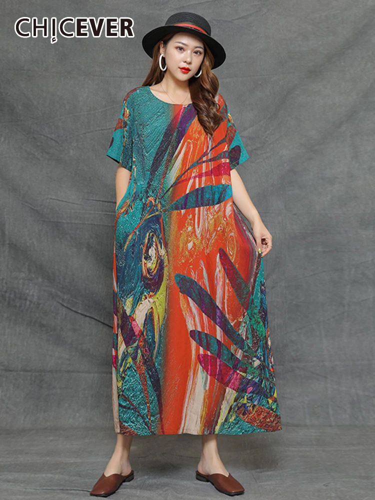 

CHICEVER Casual Loose Long Dresses For Women Round Neck Short Sleeve Patchwork Ruched Print Dress Female Summer Fashion Clothing