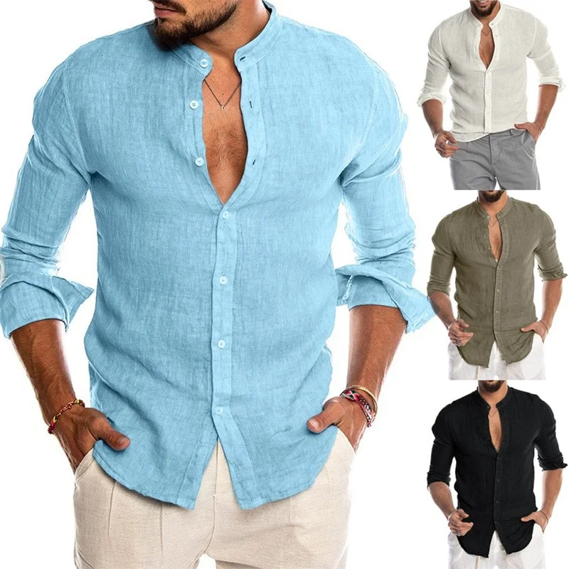 

2022 Summer New Casual Cotton Linen Men Shirts Spring Long Sleeve Loose Tee Shirts Solid Color Street Wear Blouse Tops Men Tops