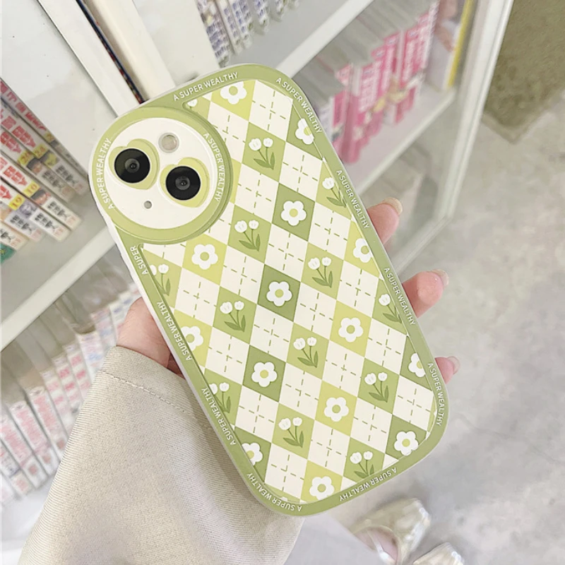 Fashion Cute Plaid flower Round Lens Clear Phone Case For iPhone 13 11 12 Pro X XR XS Max 7 8 Plus Shockproof Cartoon Soft Cover