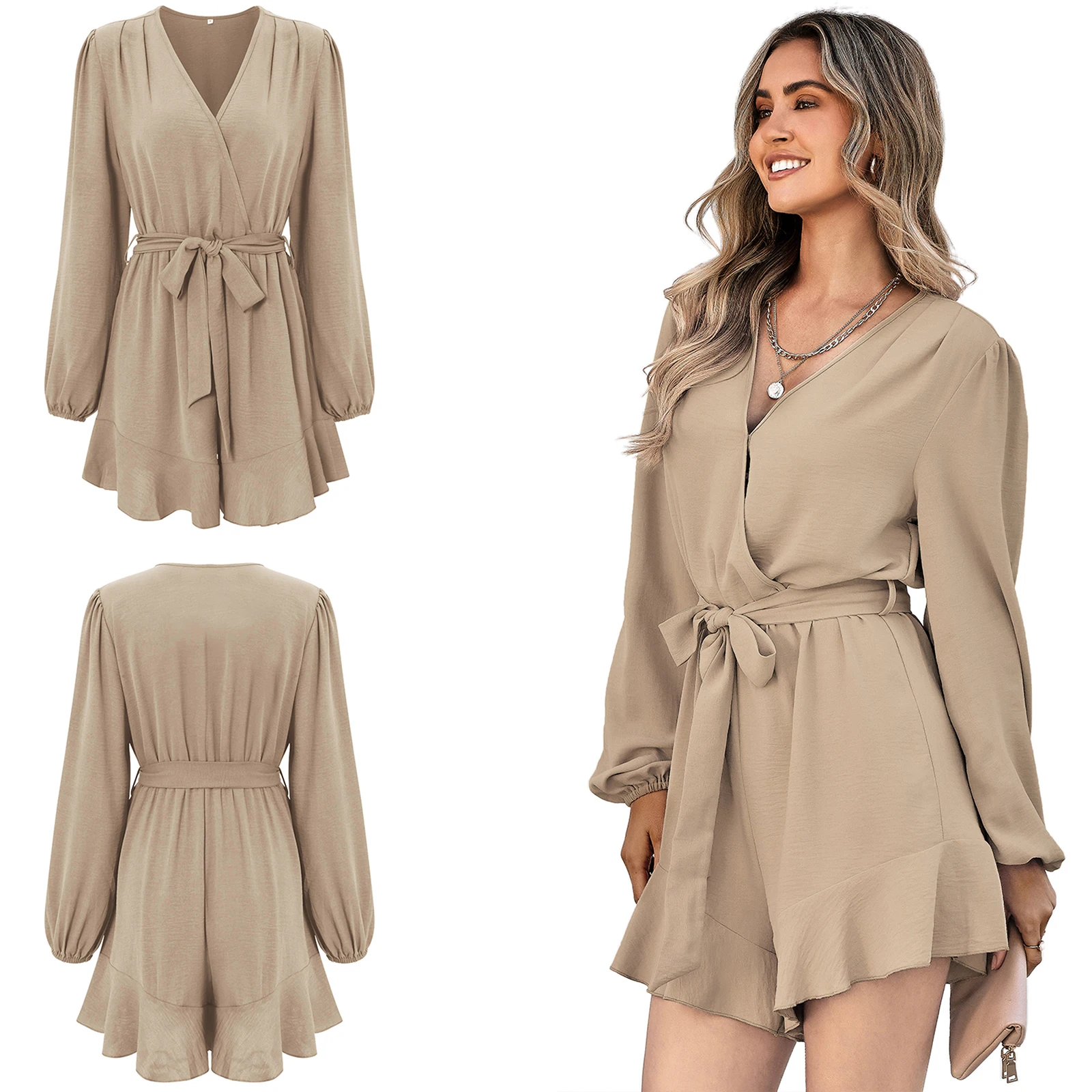 

Женский короткий комбинезон с поясом, однотонный комбинезон с длинным рукавом и V-образным вырезом для весны и осени