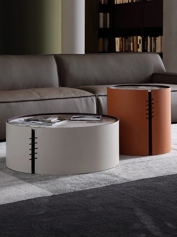 

High quality coffee table luxury Pandora designer round minority saddle leather children's mother size combination coffee table