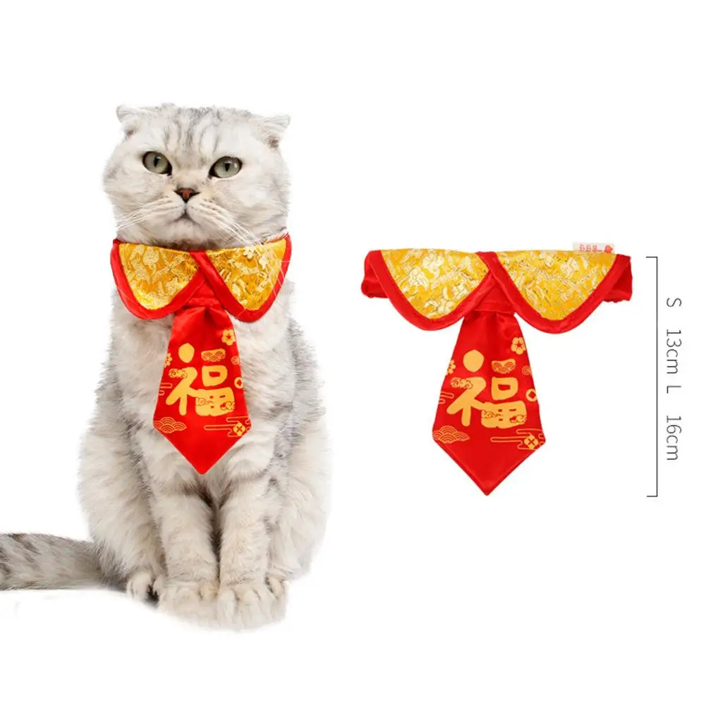 

New Year Festive Pet Collar Autumn Winter Warm Chinese Style Fu Character Pattern Bow Tie With Adjustable Elastic Band Dogs Cats