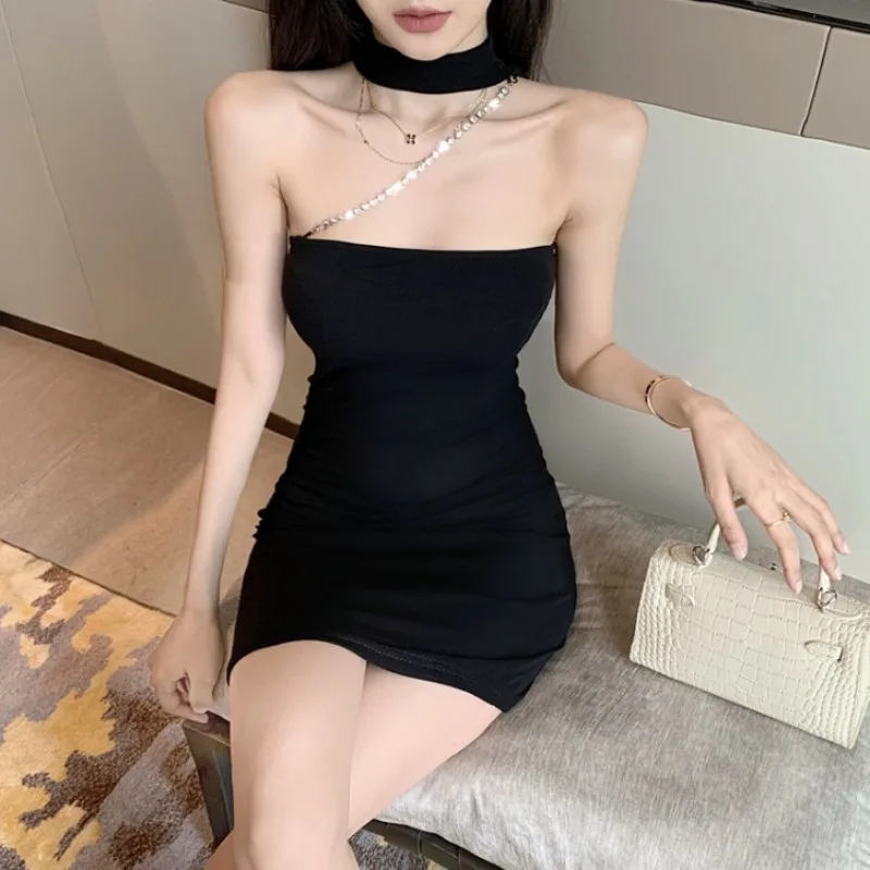 

High Waist Show Thin Neck Wrap Hip Spring and Summer Temperament Small Retro New French A-word Short Dress Woman